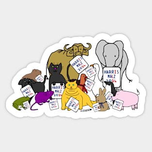 Election Group of Cute Animals with Harris Walz 2024 Signs Sticker